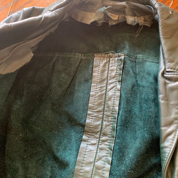 VTG Dark Green Genuine Leather Coat Jacket Sz S Fitted Pockets Unlined *Flawed* - Picture 6 of 8
